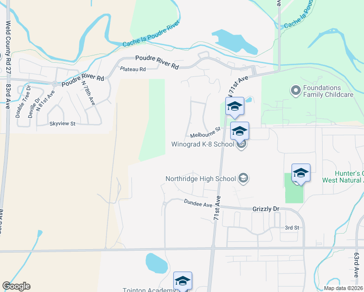 map of restaurants, bars, coffee shops, grocery stores, and more near 353 North Wyndham Avenue in Greeley