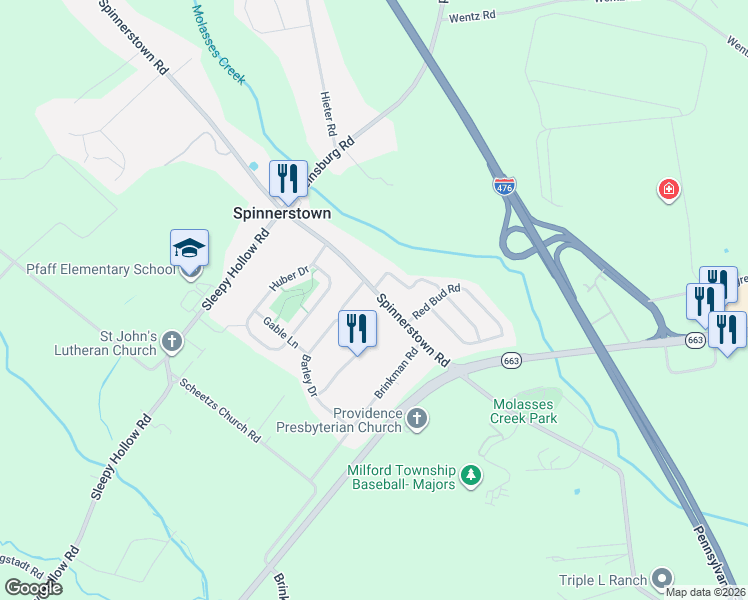 map of restaurants, bars, coffee shops, grocery stores, and more near 2110 Spinnerstown Road in Quakertown