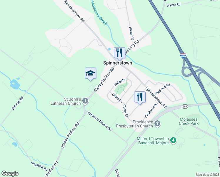 map of restaurants, bars, coffee shops, grocery stores, and more near 2062 Huber Drive in Quakertown