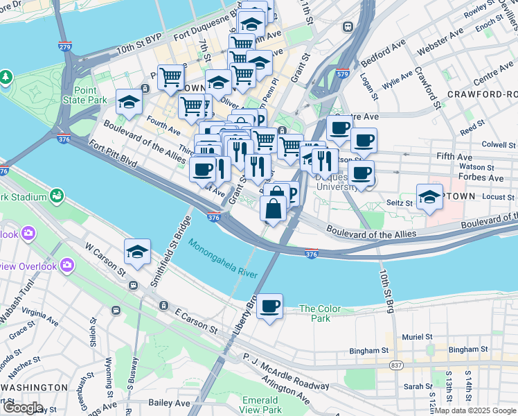 map of restaurants, bars, coffee shops, grocery stores, and more near 600 First Avenue in Pittsburgh