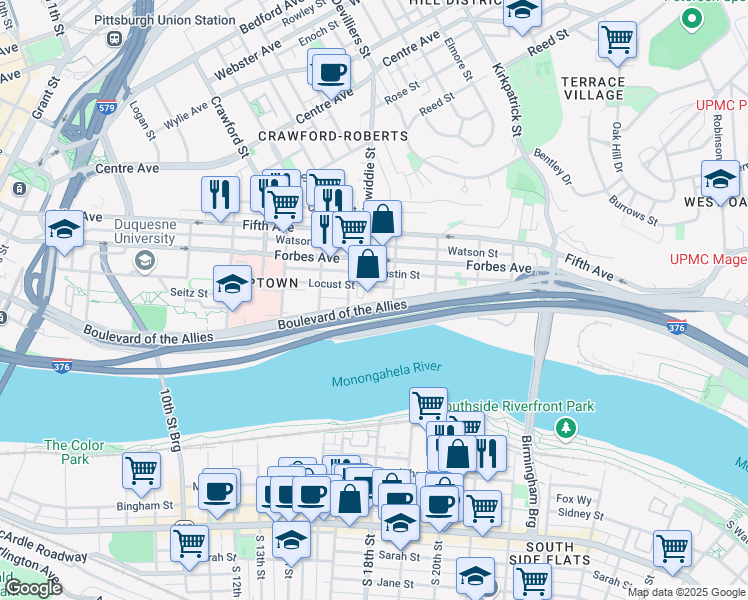 map of restaurants, bars, coffee shops, grocery stores, and more near in Pittsburgh