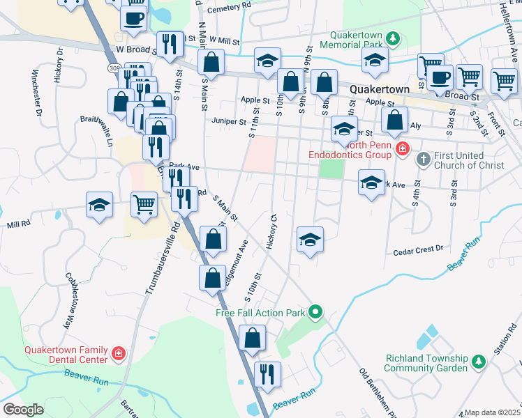 map of restaurants, bars, coffee shops, grocery stores, and more near 21 Moores Court in Quakertown
