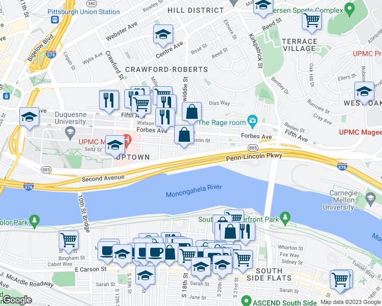 map of restaurants, bars, coffee shops, grocery stores, and more near 1835 Boulevard of the Allies in Pittsburgh