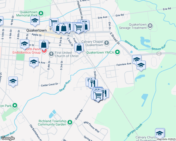 map of restaurants, bars, coffee shops, grocery stores, and more near 28 Beaver Run Drive in Quakertown