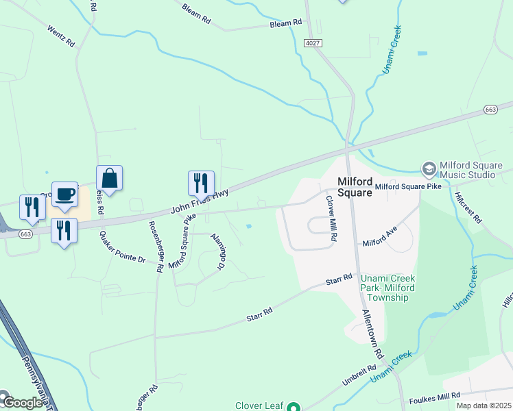 map of restaurants, bars, coffee shops, grocery stores, and more near 2080 Milford Square Pike in Quakertown