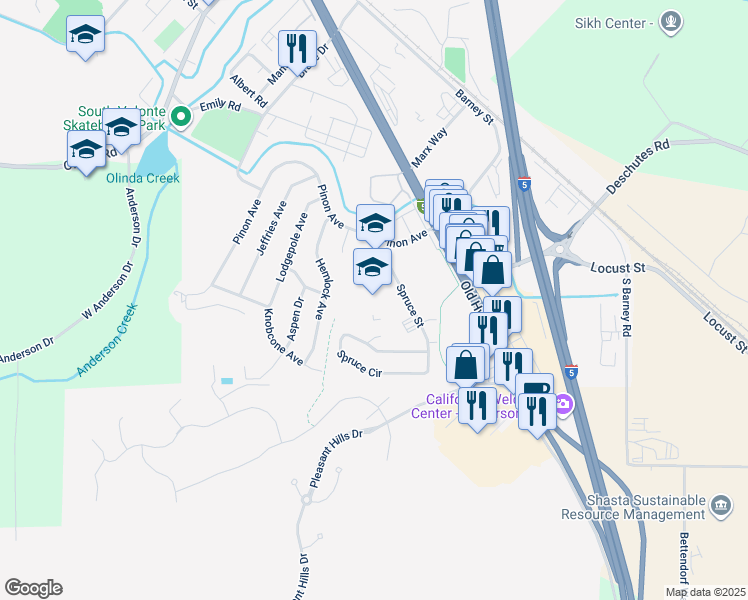 map of restaurants, bars, coffee shops, grocery stores, and more near 1530 Spruce Street in Anderson