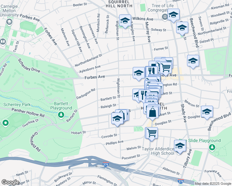 map of restaurants, bars, coffee shops, grocery stores, and more near 5600 Bartlett Street in Pittsburgh