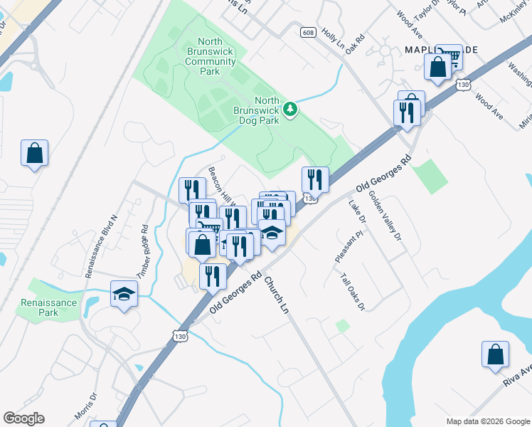 map of restaurants, bars, coffee shops, grocery stores, and more near 2182 U.S. 130 in North Brunswick Township
