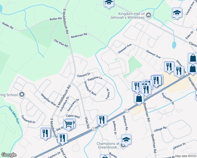 map of restaurants, bars, coffee shops, grocery stores, and more near 135 Topaz Drive in Franklin Township