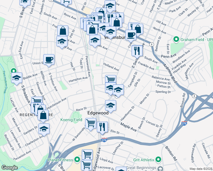 map of restaurants, bars, coffee shops, grocery stores, and more near 833 East Hutchinson Avenue in Pittsburgh