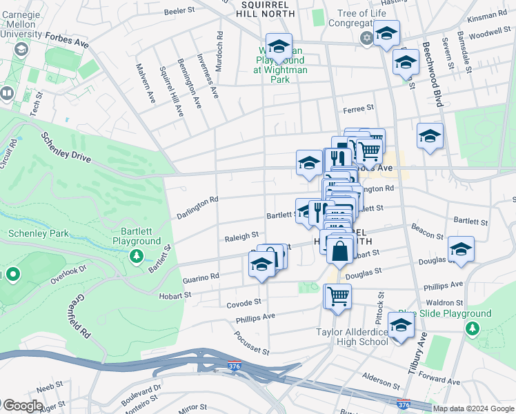 map of restaurants, bars, coffee shops, grocery stores, and more near 5600 Bartlett Street in Pittsburgh