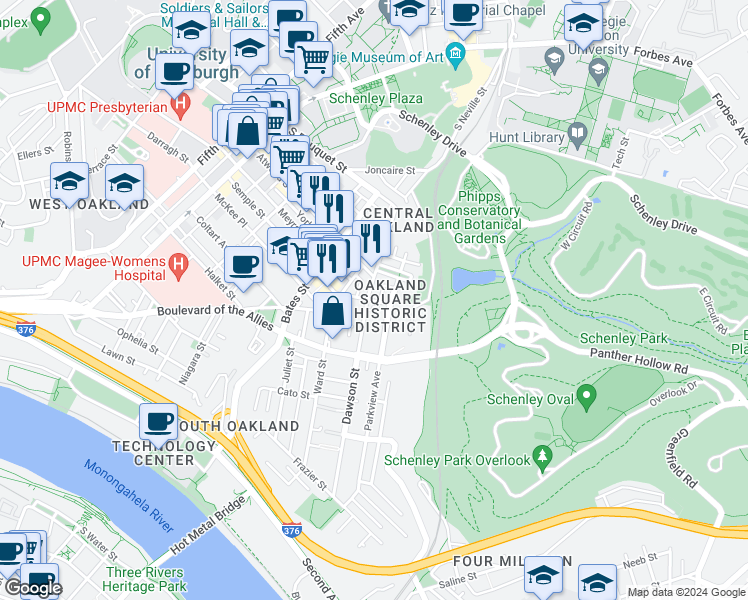 map of restaurants, bars, coffee shops, grocery stores, and more near 3435 Dawson Street in Pittsburgh
