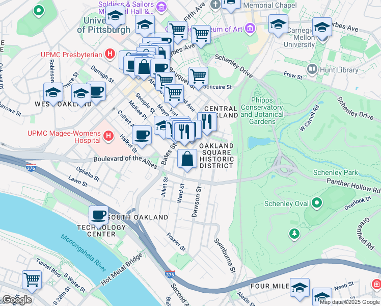 map of restaurants, bars, coffee shops, grocery stores, and more near 3441 Ward Street in Pittsburgh