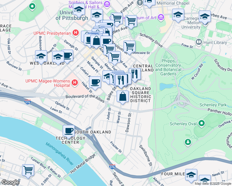map of restaurants, bars, coffee shops, grocery stores, and more near 3441 Ward Street in Pittsburgh