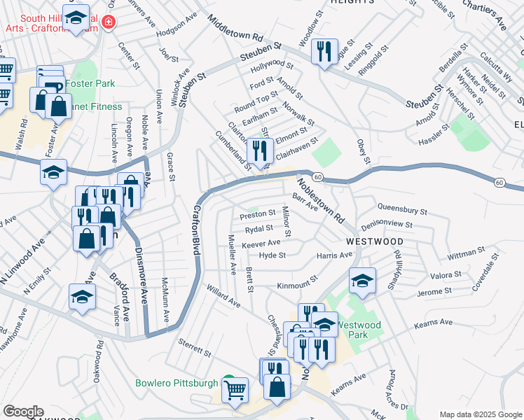 map of restaurants, bars, coffee shops, grocery stores, and more near in Pittsburgh