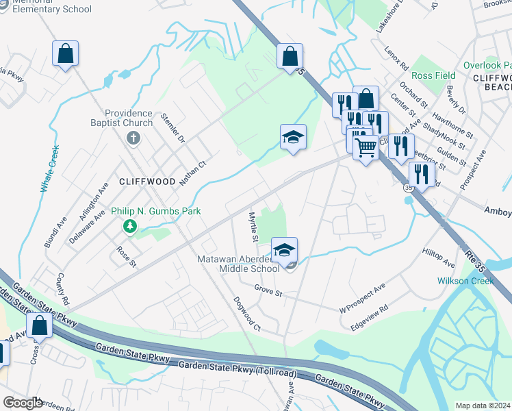 map of restaurants, bars, coffee shops, grocery stores, and more near 339 Cliffwood Avenue West in Monmouth County