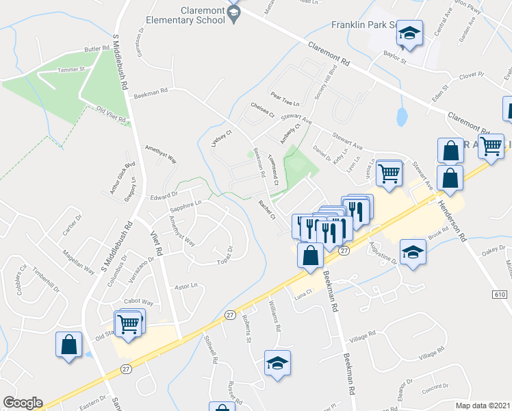 map of restaurants, bars, coffee shops, grocery stores, and more near 115 Rachel Court in Franklin Township