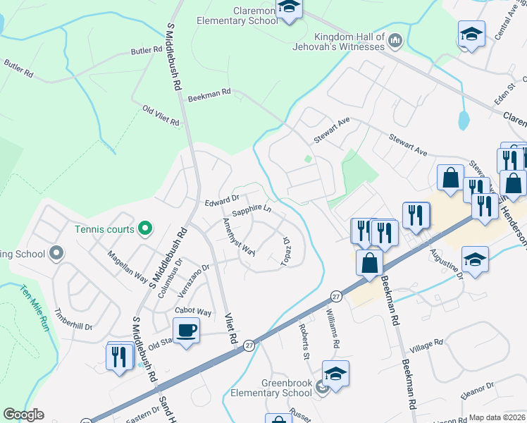 map of restaurants, bars, coffee shops, grocery stores, and more near 135 Topaz Drive in Franklin Township