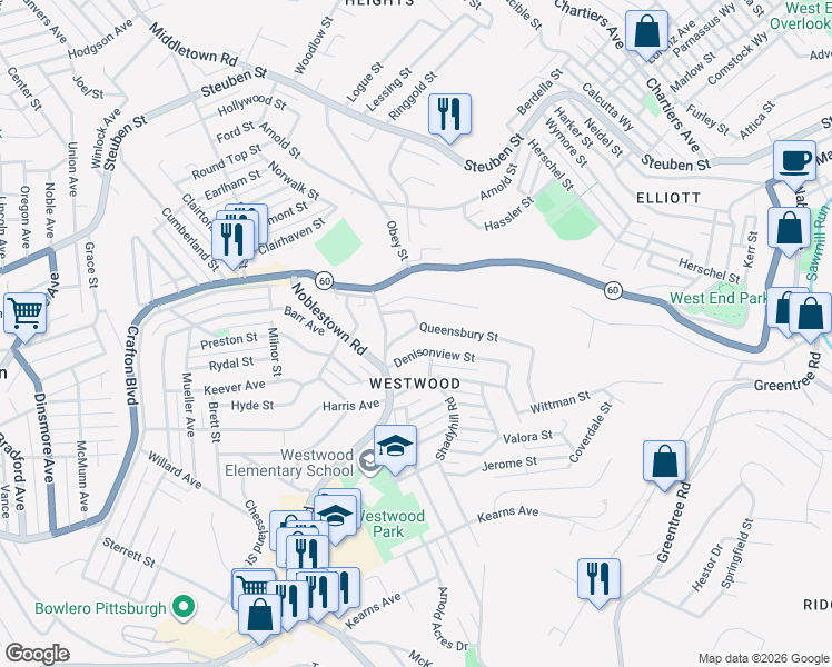 map of restaurants, bars, coffee shops, grocery stores, and more near 1303 Denisonview Street in Pittsburgh