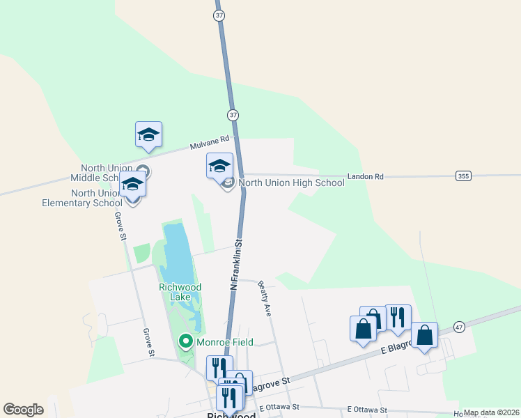 map of restaurants, bars, coffee shops, grocery stores, and more near 356 North Franklin Street in Richwood