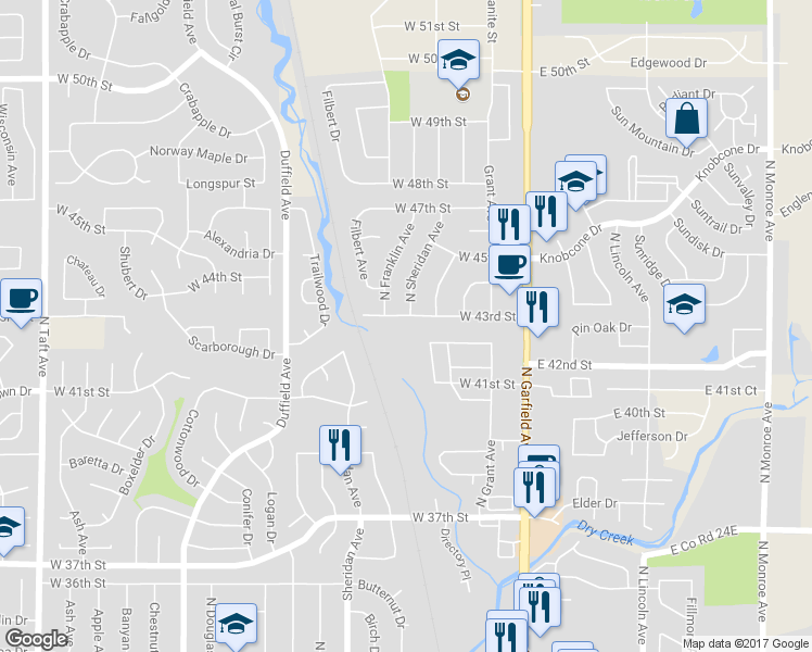 map of restaurants, bars, coffee shops, grocery stores, and more near 468 West 43rd Street in Loveland