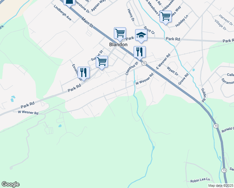 map of restaurants, bars, coffee shops, grocery stores, and more near 93 West Wesner Road in Blandon