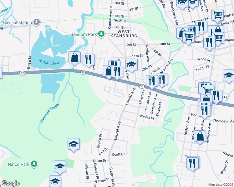 map of restaurants, bars, coffee shops, grocery stores, and more near 455 South Laurel Avenue in Keansburg