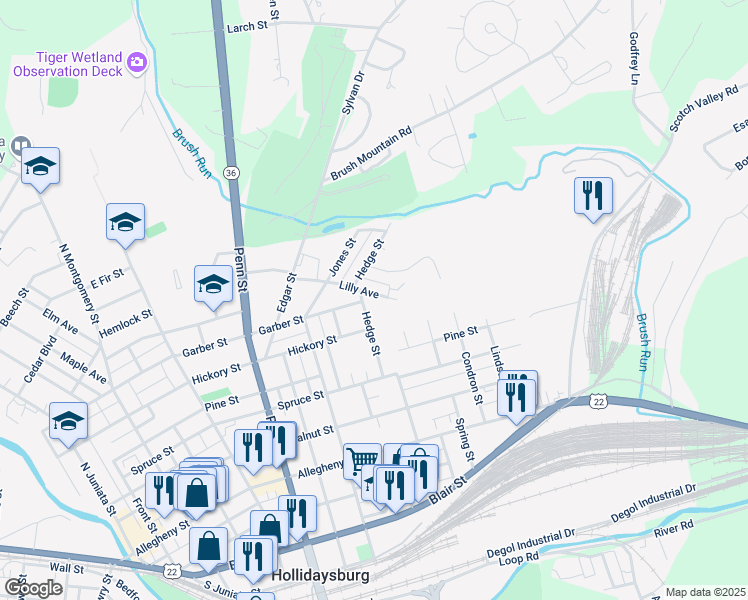map of restaurants, bars, coffee shops, grocery stores, and more near 1018 Hedge Street in Hollidaysburg