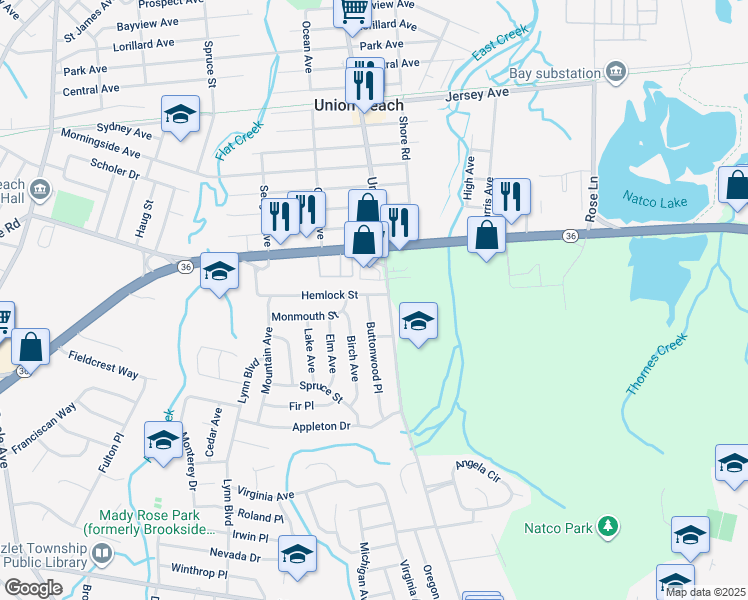 map of restaurants, bars, coffee shops, grocery stores, and more near 3 Hemlock Street in Hazlet
