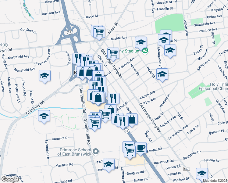 map of restaurants, bars, coffee shops, grocery stores, and more near 173 Willow Street in East Brunswick