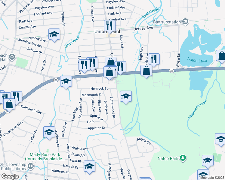 map of restaurants, bars, coffee shops, grocery stores, and more near 3 Hemlock Street in Hazlet