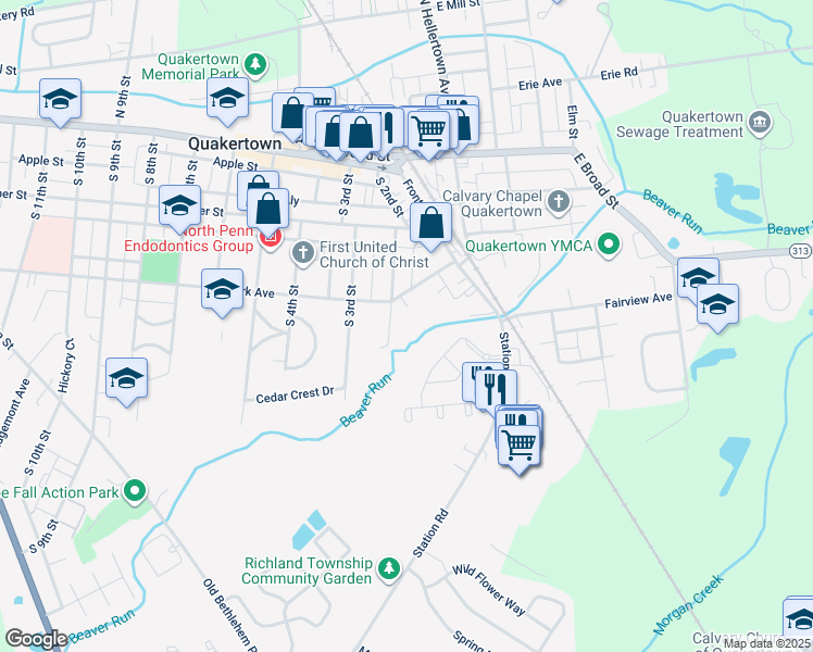 map of restaurants, bars, coffee shops, grocery stores, and more near 164 Park Avenue in Quakertown