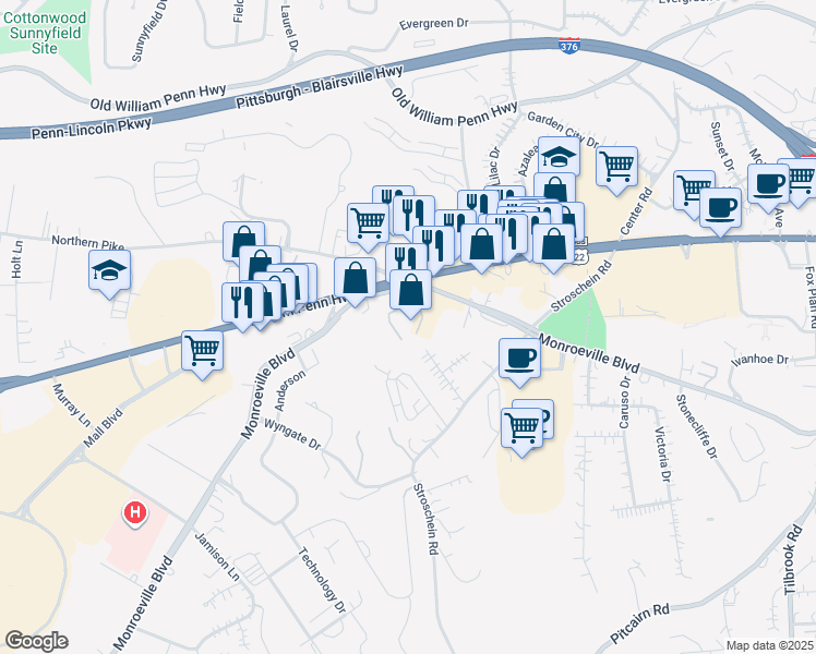 map of restaurants, bars, coffee shops, grocery stores, and more near 3936 Monroeville Boulevard in Monroeville