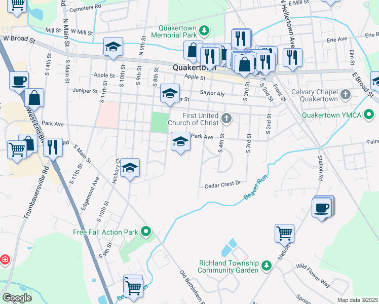 map of restaurants, bars, coffee shops, grocery stores, and more near 600 Park Avenue in Quakertown