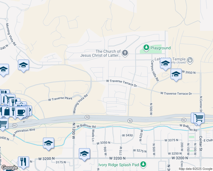 map of restaurants, bars, coffee shops, grocery stores, and more near 3821 North 900 West in Lehi