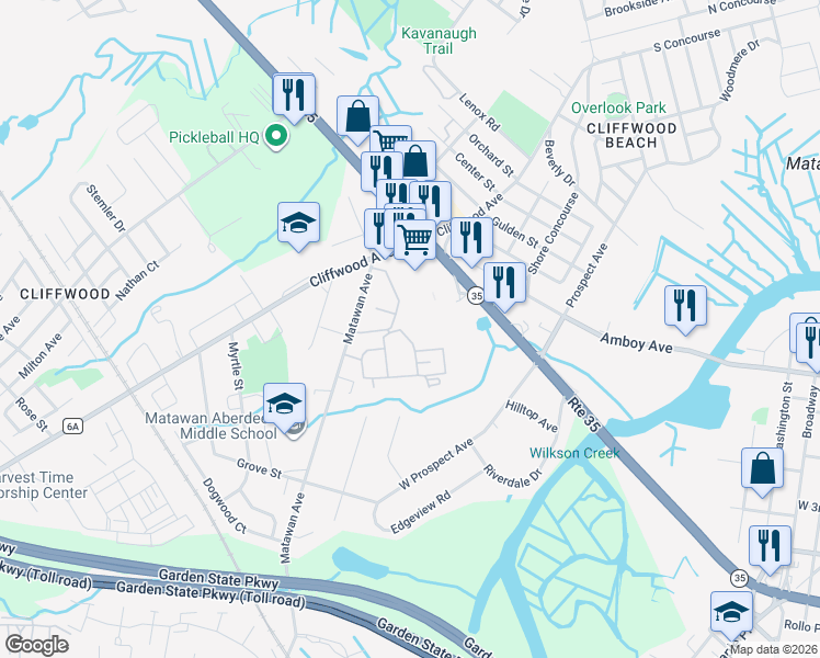 map of restaurants, bars, coffee shops, grocery stores, and more near 324A Matawan Avenue in Monmouth County