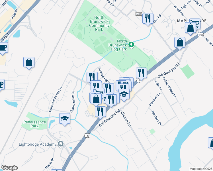 map of restaurants, bars, coffee shops, grocery stores, and more near 214 Concord Place in North Brunswick Township