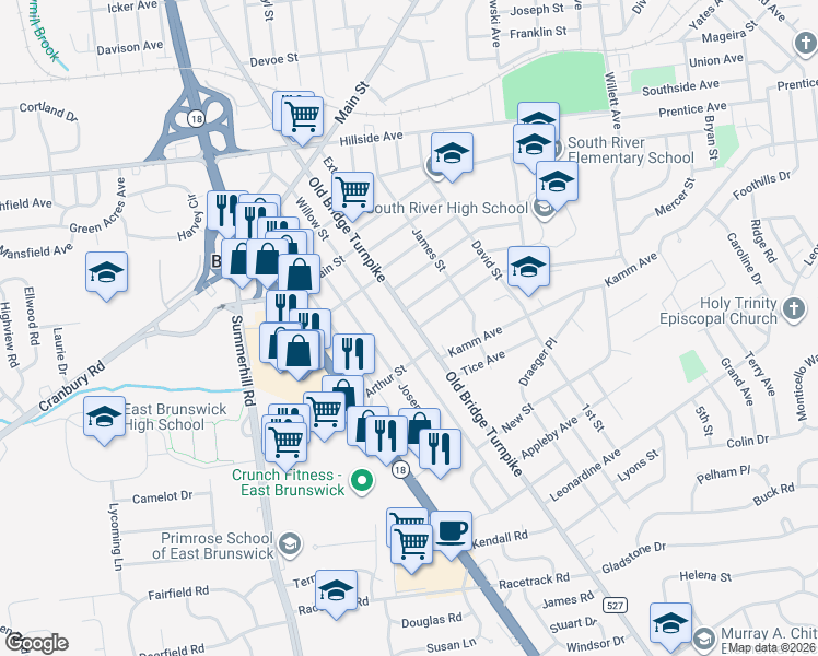 map of restaurants, bars, coffee shops, grocery stores, and more near 174 Old Bridge Turnpike in East Brunswick