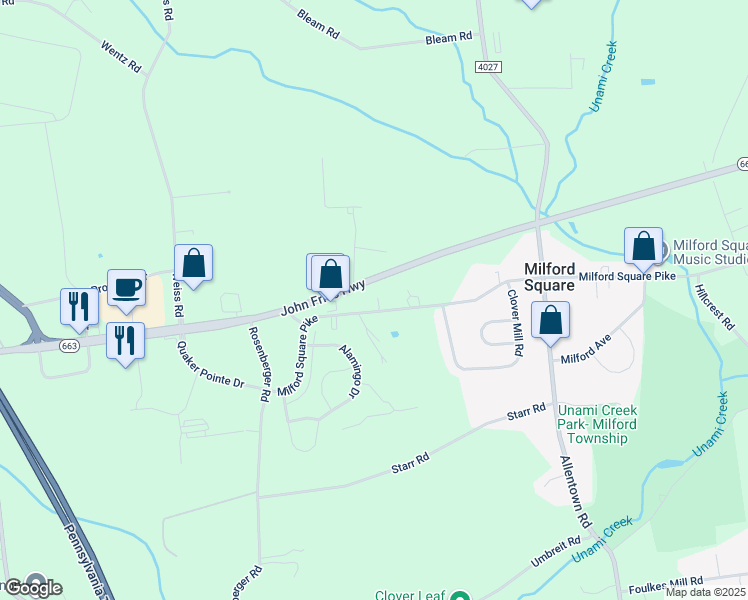 map of restaurants, bars, coffee shops, grocery stores, and more near 2060 Milford Square Pike in Quakertown