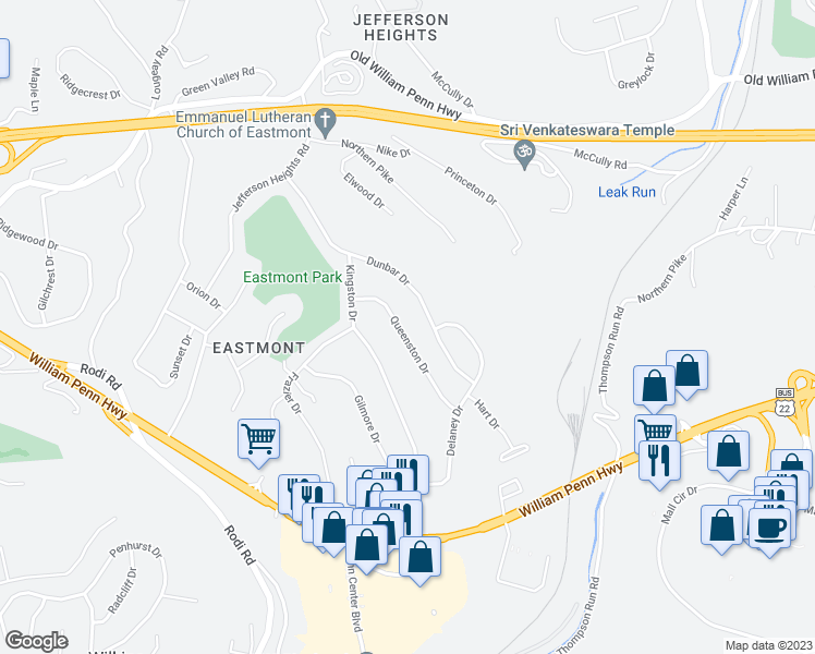 map of restaurants, bars, coffee shops, grocery stores, and more near 144 Queenston Drive in Pittsburgh
