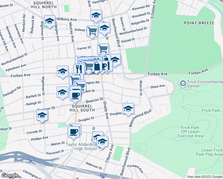 map of restaurants, bars, coffee shops, grocery stores, and more near 6314 Darlington Road in Pittsburgh