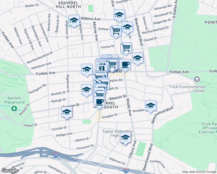 map of restaurants, bars, coffee shops, grocery stores, and more near 5830 Darlington Road in Pittsburgh