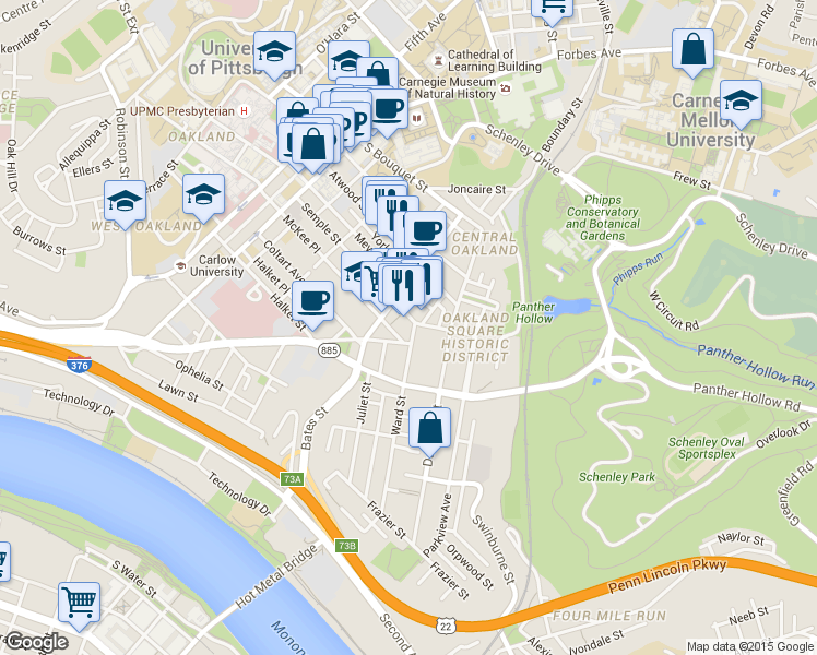 map of restaurants, bars, coffee shops, grocery stores, and more near in Pittsburgh