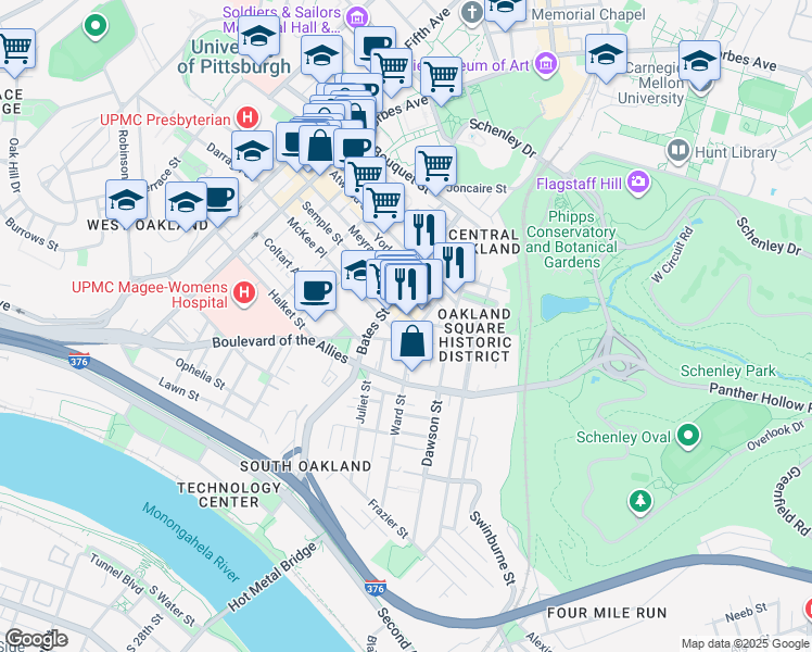 map of restaurants, bars, coffee shops, grocery stores, and more near in Pittsburgh