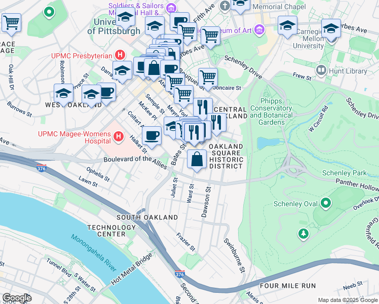 map of restaurants, bars, coffee shops, grocery stores, and more near in Pittsburgh