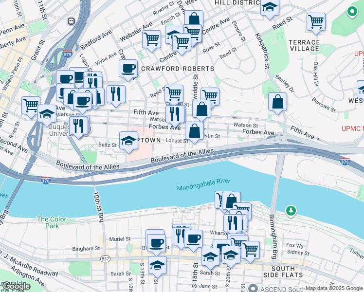 map of restaurants, bars, coffee shops, grocery stores, and more near 302 Miltenberger Street in Pittsburgh
