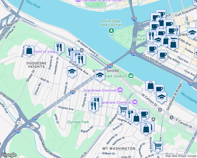 map of restaurants, bars, coffee shops, grocery stores, and more near Penn-Lincoln Parkway in Pittsburgh