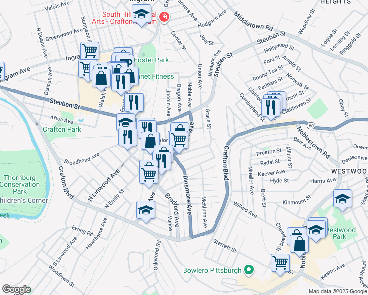 map of restaurants, bars, coffee shops, grocery stores, and more near in Crafton