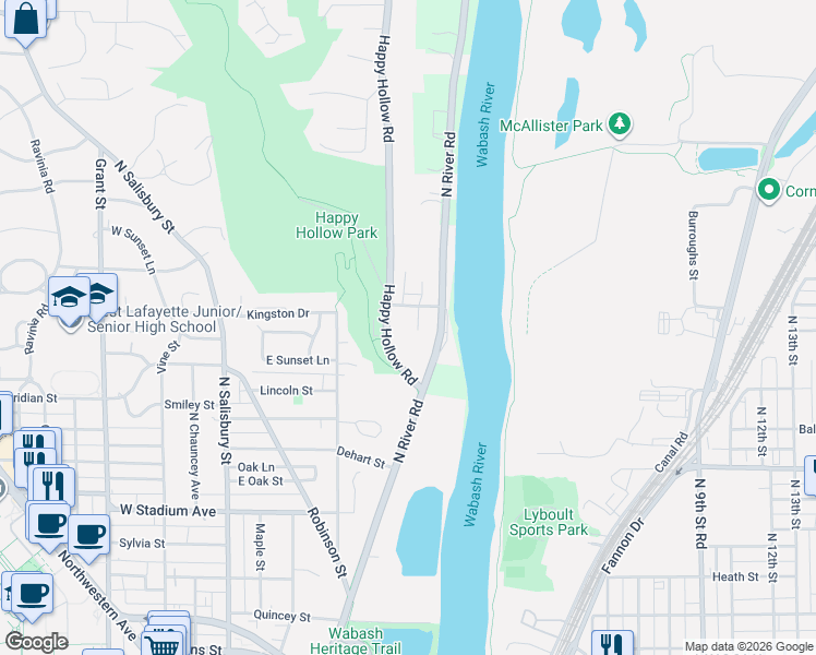 map of restaurants, bars, coffee shops, grocery stores, and more near 428-498 Catherwood Dr in West Lafayette