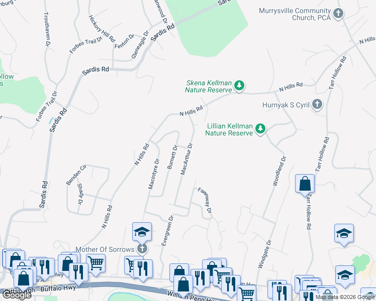 map of restaurants, bars, coffee shops, grocery stores, and more near 3509 Macarthur Drive in Murrysville